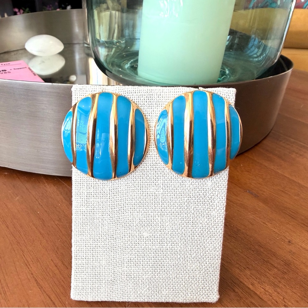 Vintage Blue and Gold Striped Metal Button Earrings